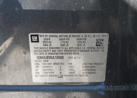 2018 Chevrolet Equinox Lt из США, поврежденный, VIN 3GNAXJEV8JL120425